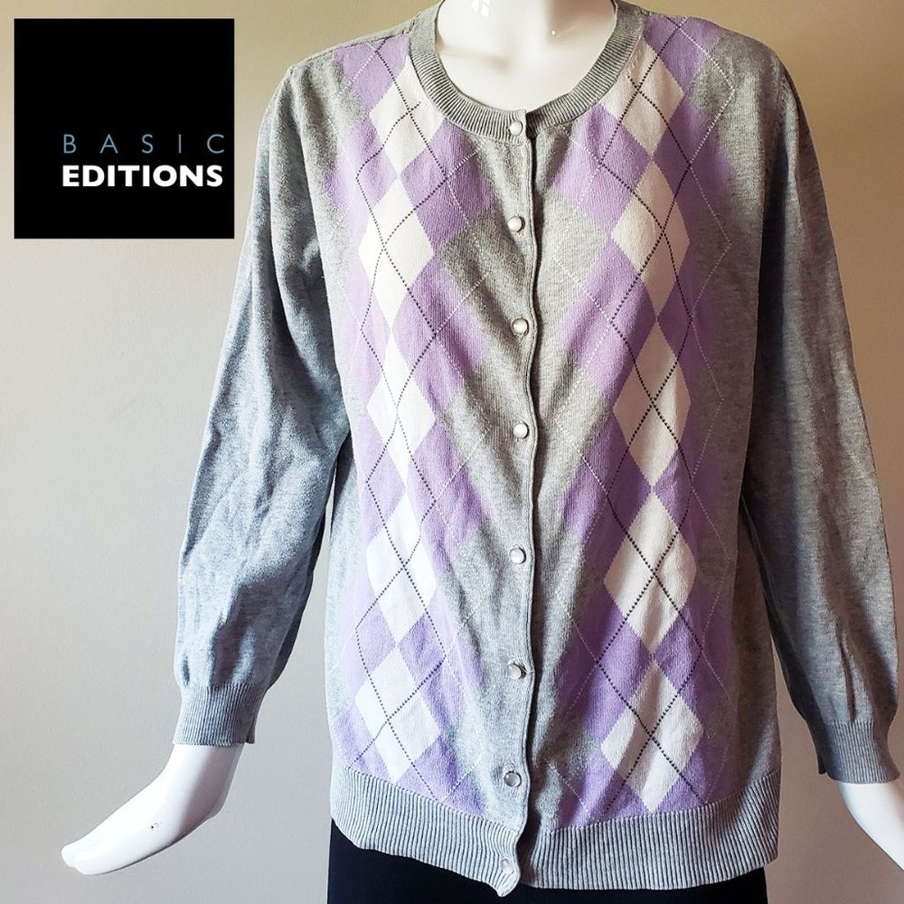 Argyle cardigan gray & purple size XL